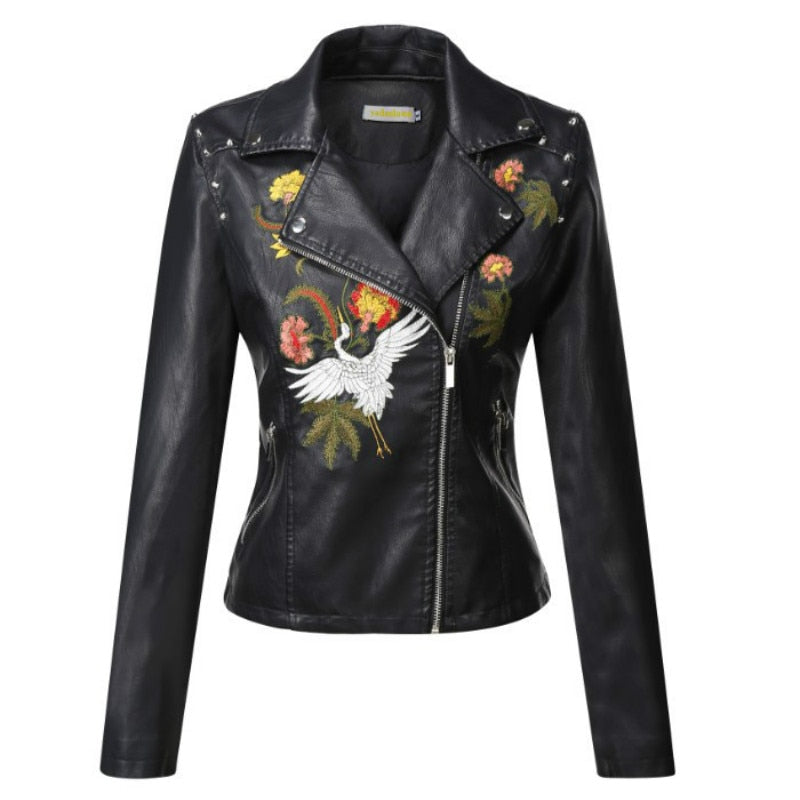 Black embroidered faux leather jacket for women