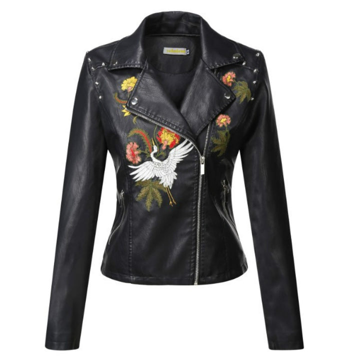 Black embroidered faux leather jacket for women