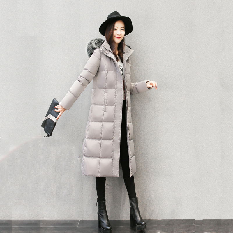 Long down jacket with hood and fur collar