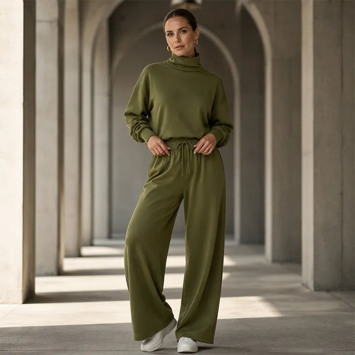 Woman wearing turtleneck two-piece set with wide-leg pants