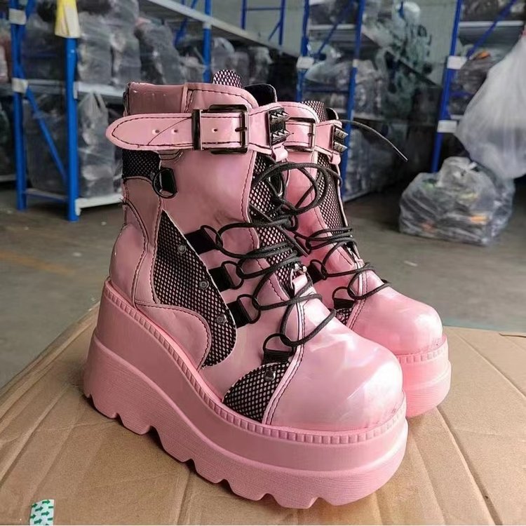 Pink platform wedge mid-calf boots for women