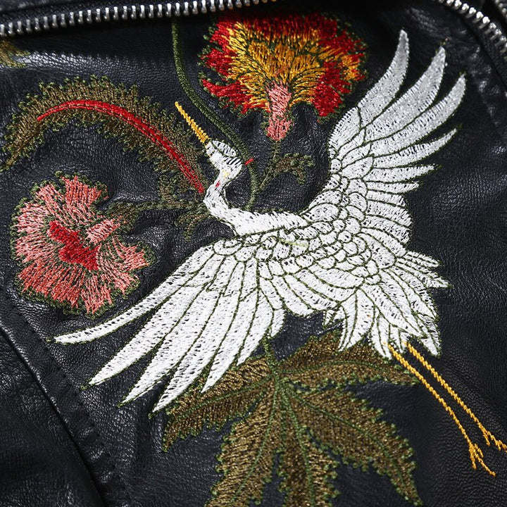 Black embroidered faux leather jacket for women
