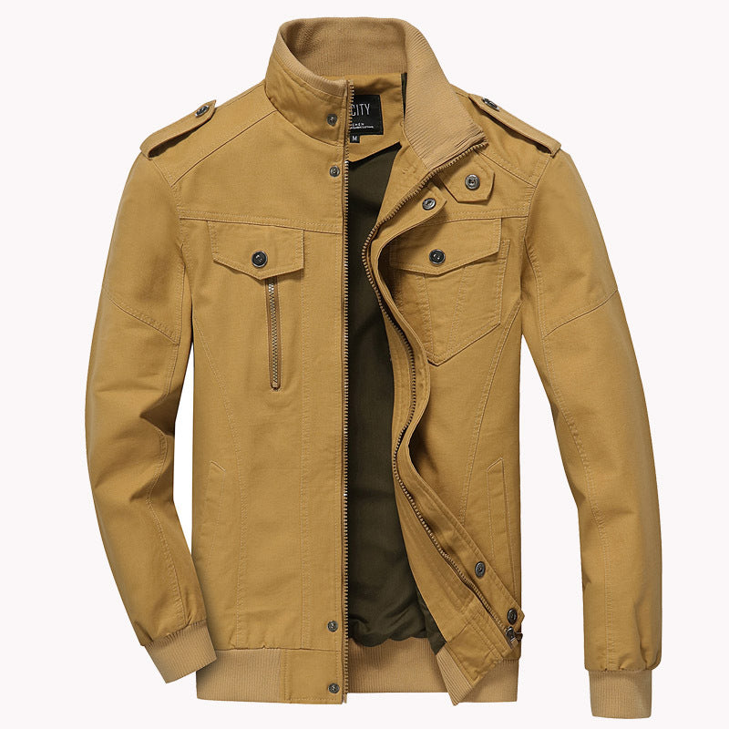 Men's khaki bomber jacket with military flight style