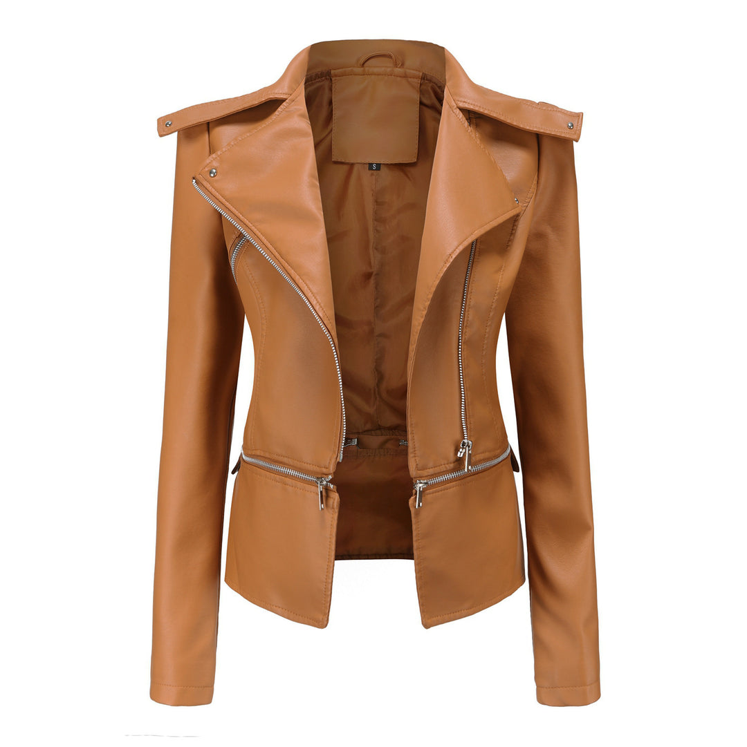 Women's black faux leather motorcycle jacket front view