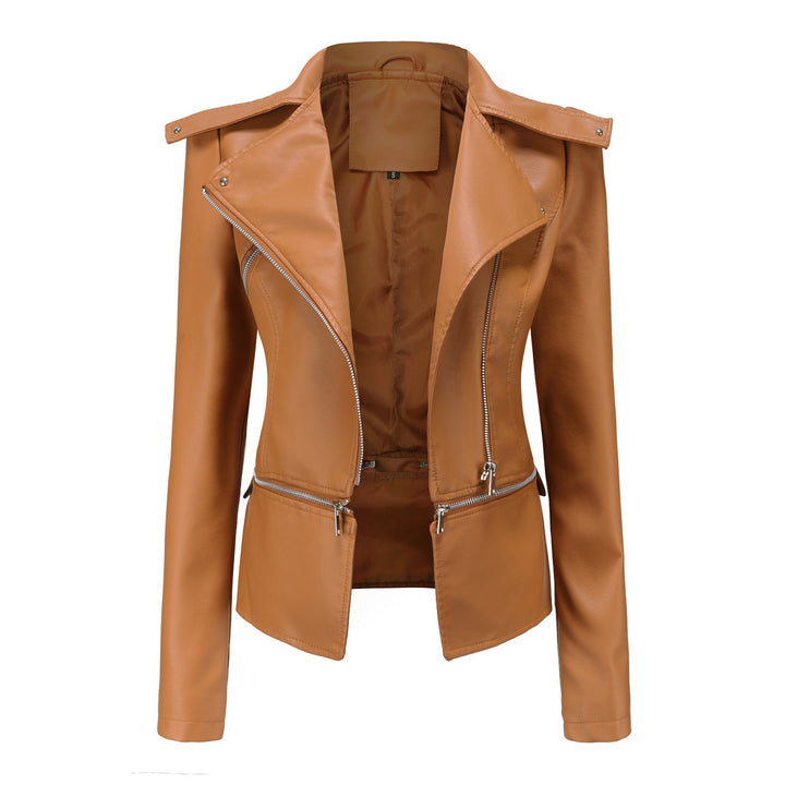 Women's black faux leather motorcycle jacket front view