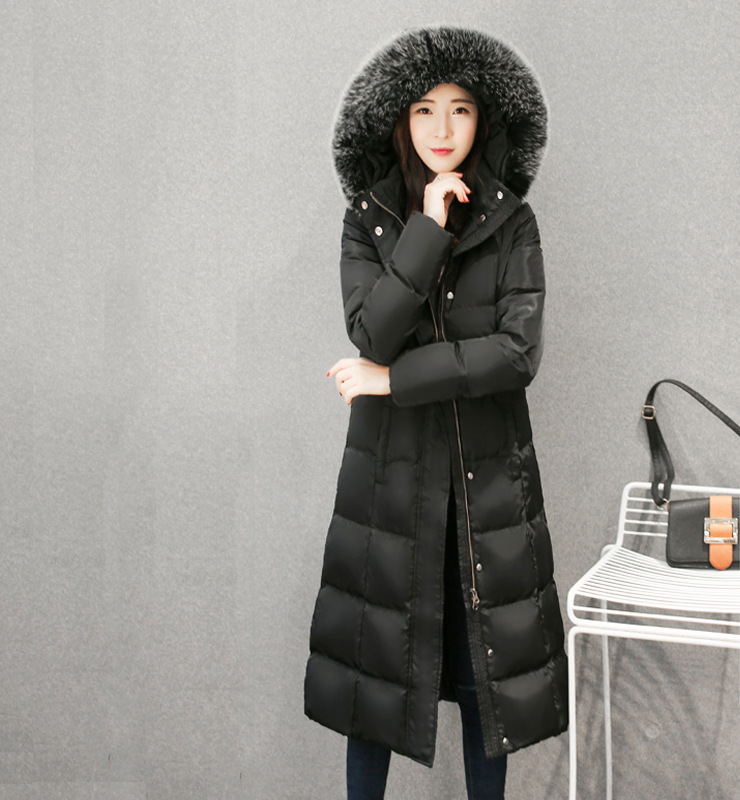 Long down jacket with hood and fur collar