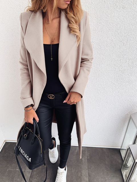 Woman wearing long open front wool coat with waterfall lapel – Detail view 13