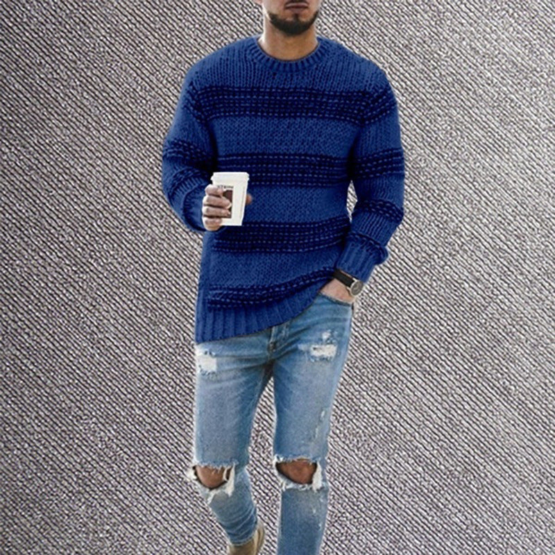 Men's striped knit round neck pullover sweater, front view