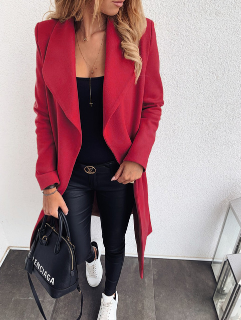 Woman wearing long open front wool coat with waterfall lapel – Detail view 12