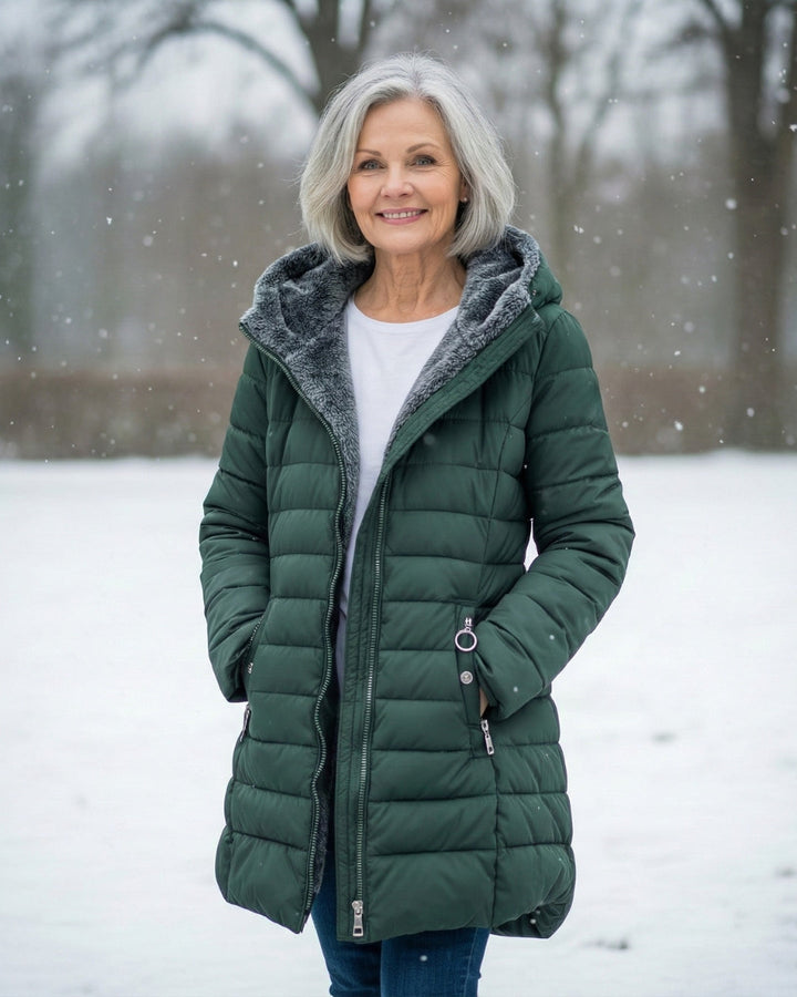 Woman wearing fleece-lined A-line puffer coat outdoors
