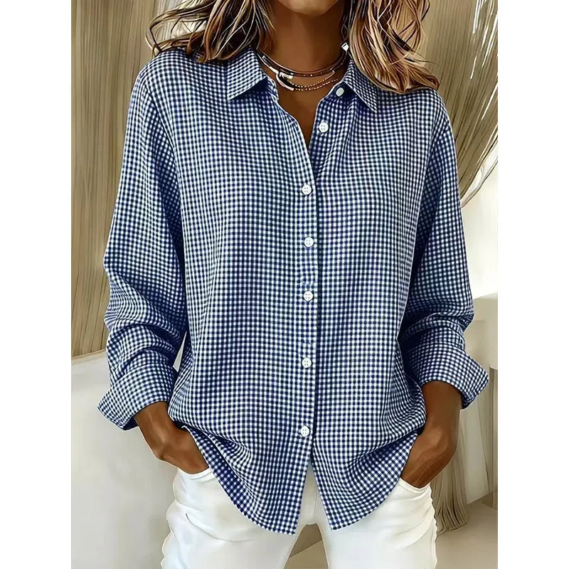 Woman wearing gingham button-up blouse with long sleeves