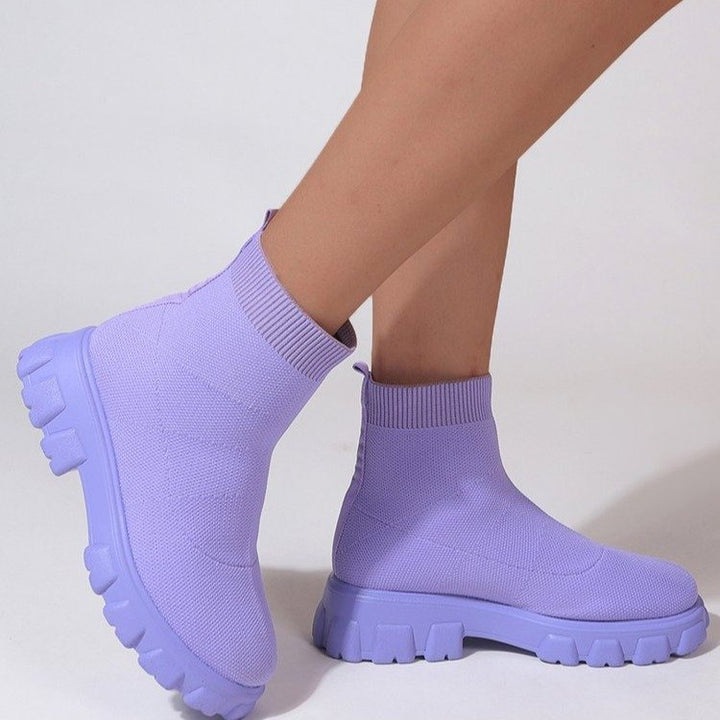 Women's low heel ankle sock boots with round toe
