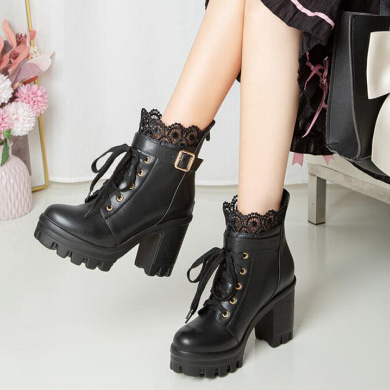 Women's black lace-up square heel ankle boots with side zip