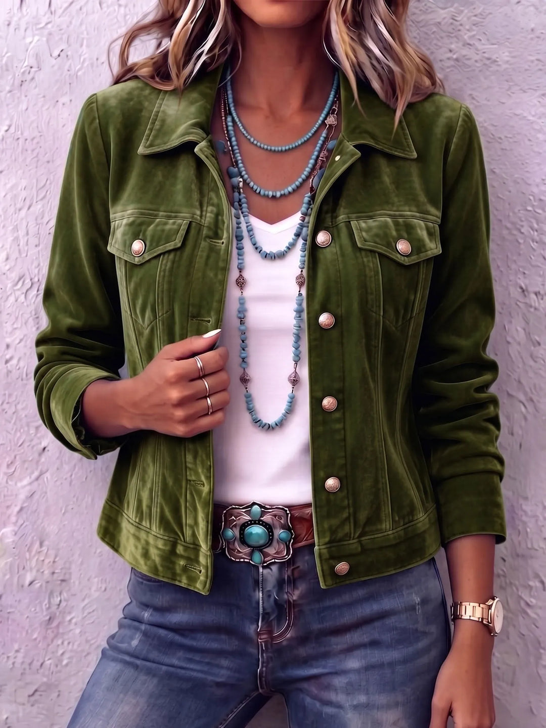 Woman in vintage wash button front jacket with chest pockets