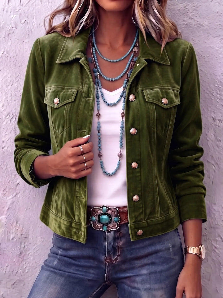 Woman in vintage wash button front jacket with chest pockets