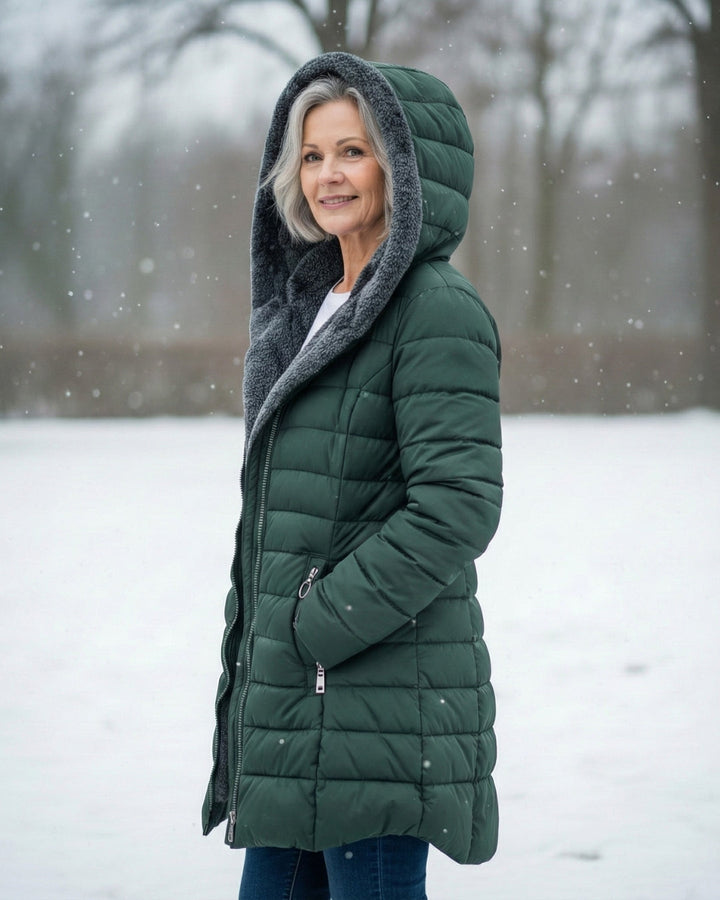 Woman wearing fleece-lined A-line puffer coat outdoors