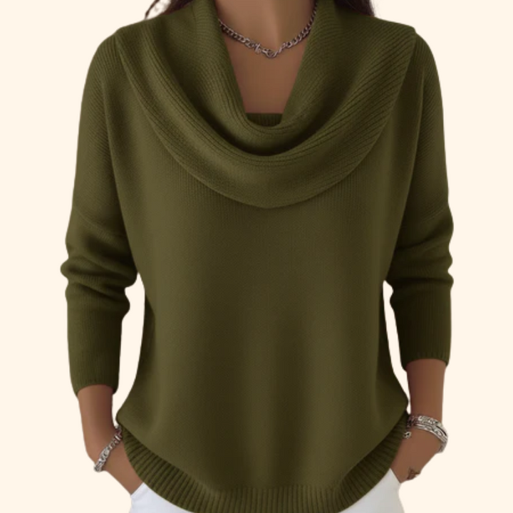 Woman wearing relaxed cowl neck knit sweater