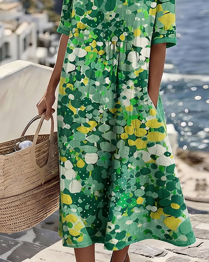 Woman wearing abstract floral print midi dress outdoors