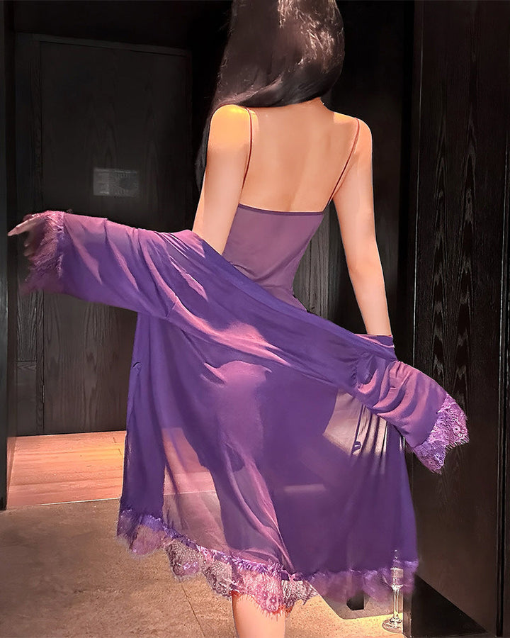 Woman wearing lace long sleeve nightwear set