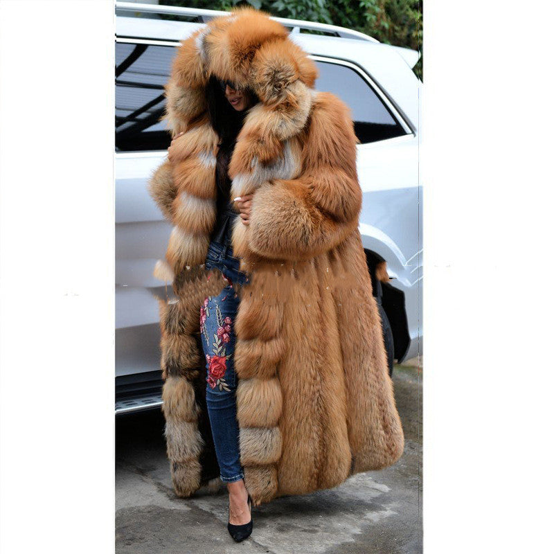 Women's long hooded faux fur coat, full-length front view