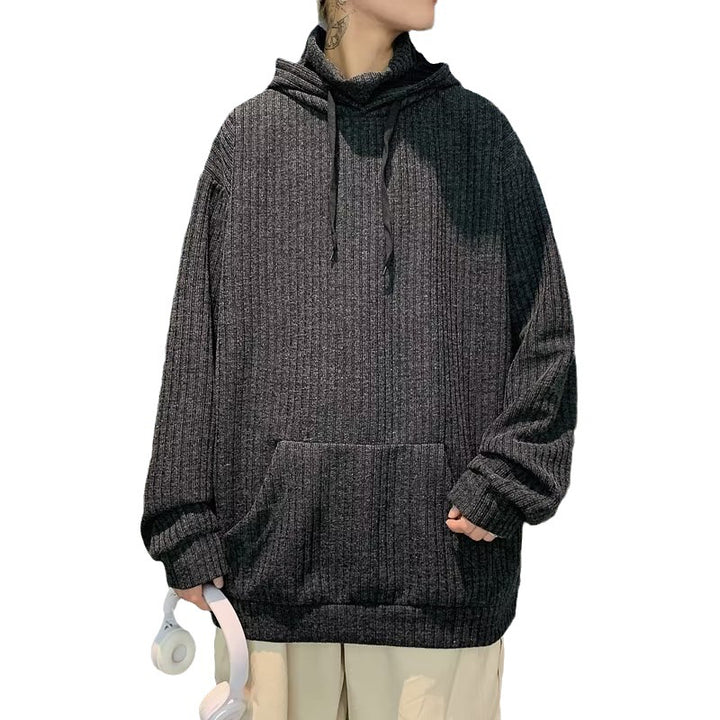 Men's black turtleneck hooded sweater front view