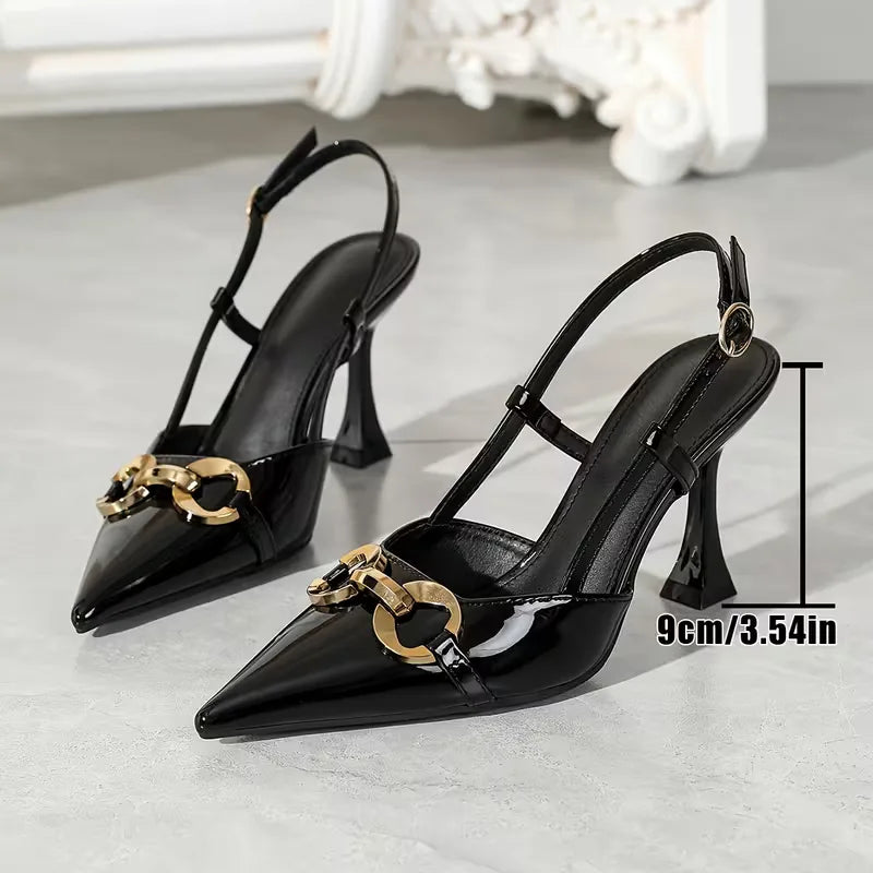 Evelyn | Black Slingback Heels with Gold Buckle
