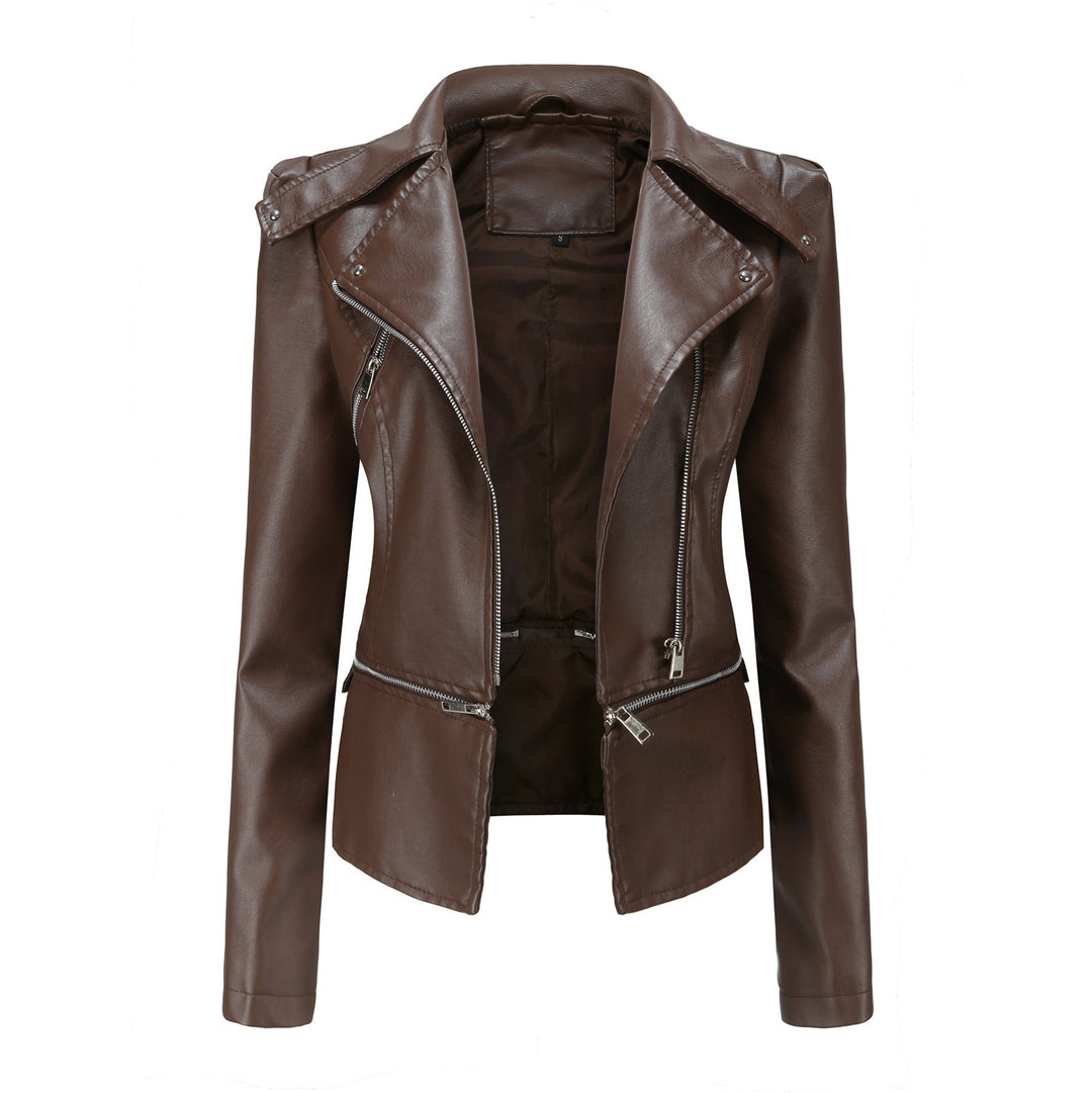 Women's black faux leather motorcycle jacket front view