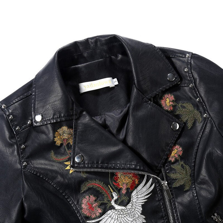 Black embroidered faux leather jacket for women