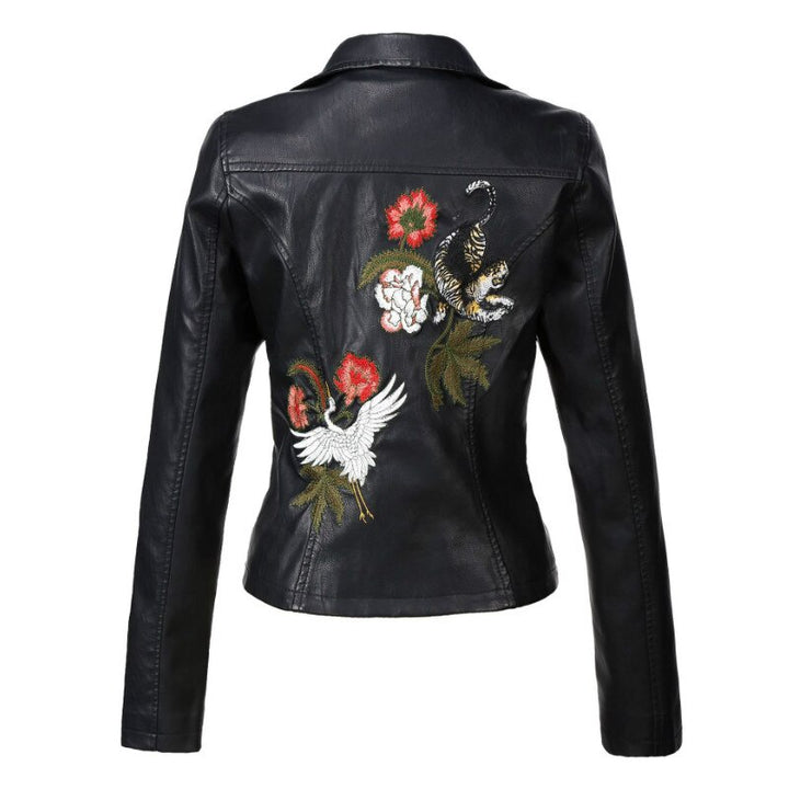 Black embroidered faux leather jacket for women