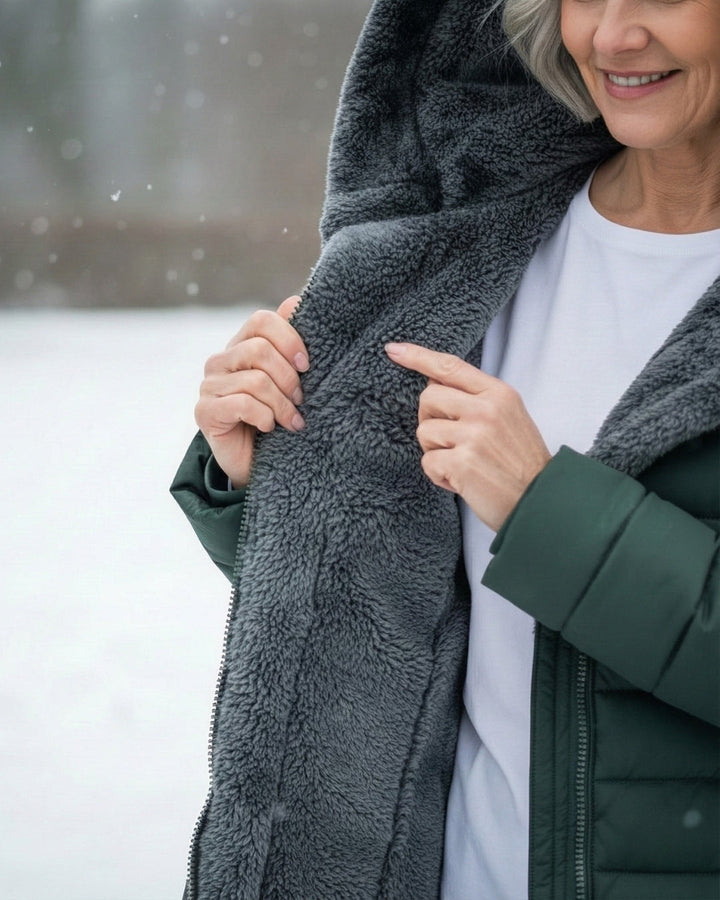 Woman wearing fleece-lined A-line puffer coat outdoors