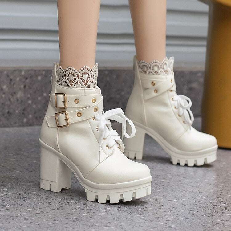 Women's black lace-up square heel ankle boots with side zip