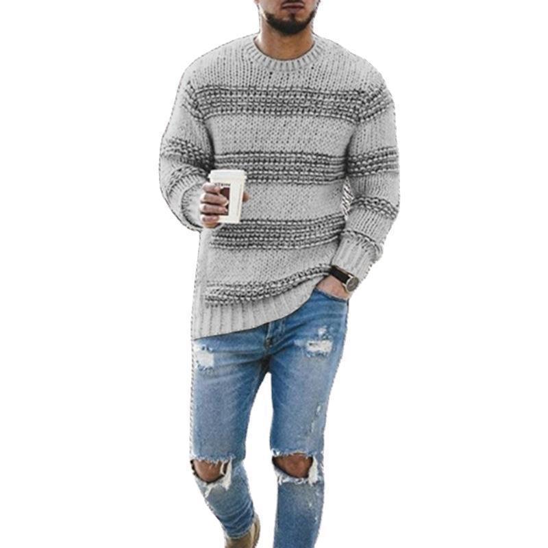 Men's striped knit round neck pullover sweater, front view