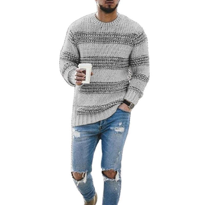 Men's striped knit round neck pullover sweater, front view
