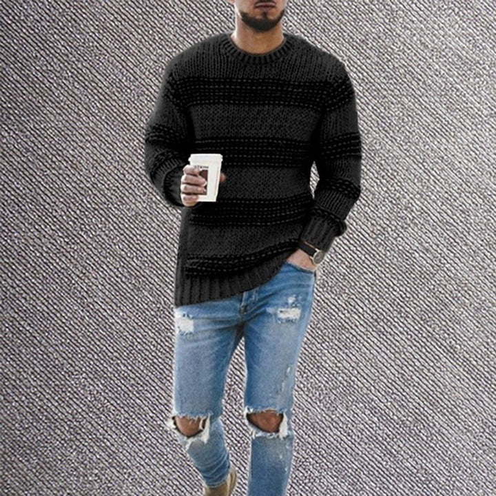 Men's striped knit round neck pullover sweater, front view