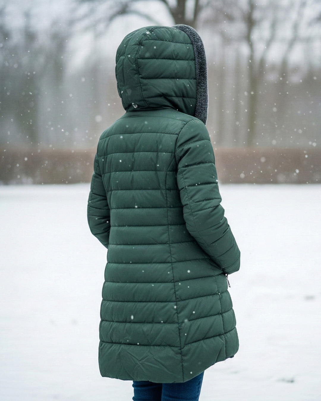 Woman wearing fleece-lined A-line puffer coat outdoors