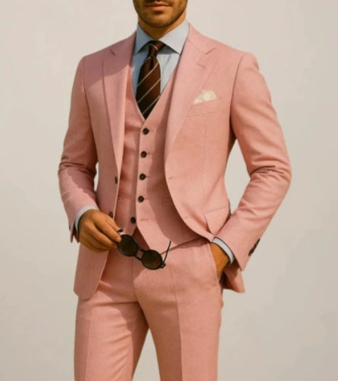Men's pink slim fit three-piece suit set