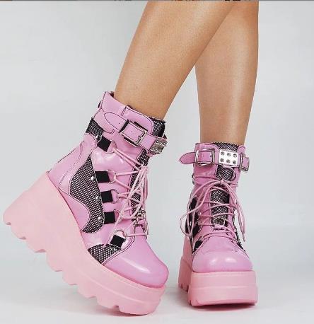 Pink platform wedge mid-calf boots for women