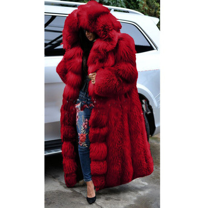 Women's long hooded faux fur coat, full-length front view