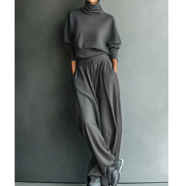 Woman wearing turtleneck two-piece set with wide-leg pants
