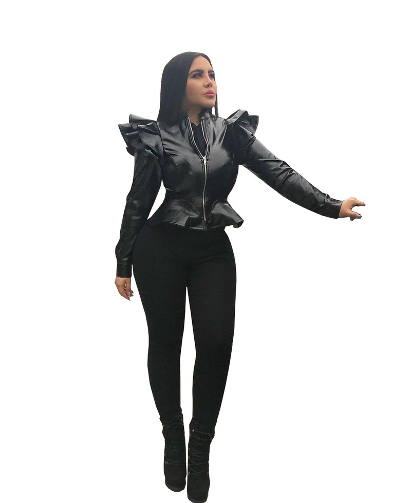 Black leather jacket with ruffle edge for women