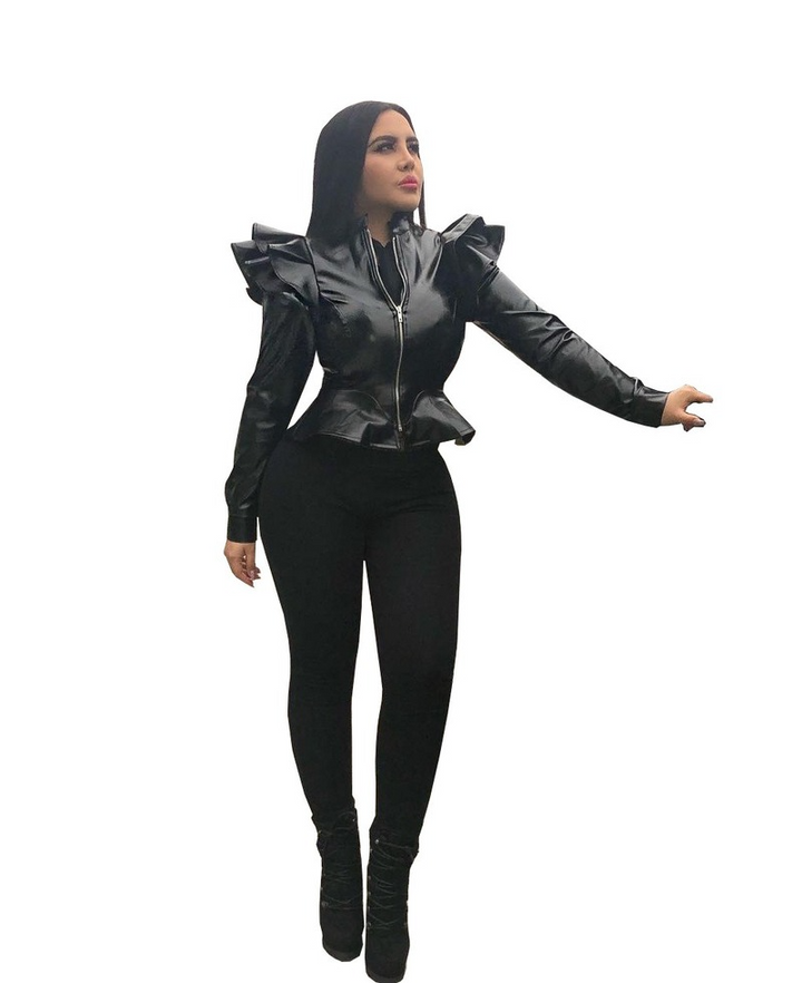 Black leather jacket with ruffle edge for women