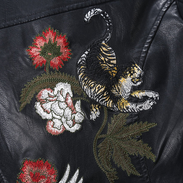 Black embroidered faux leather jacket for women