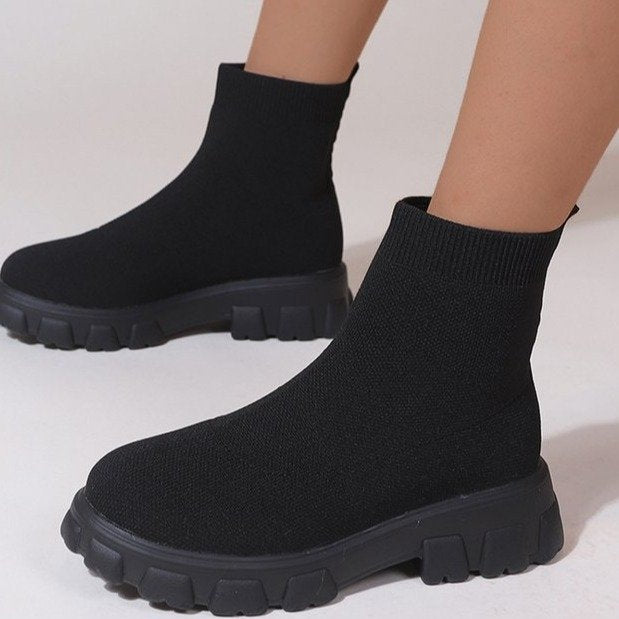 Women's low heel ankle sock boots with round toe