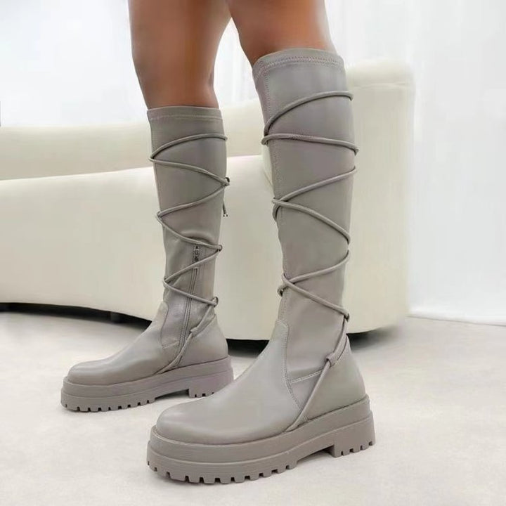 White lace-up platform boots with chunky heel for women