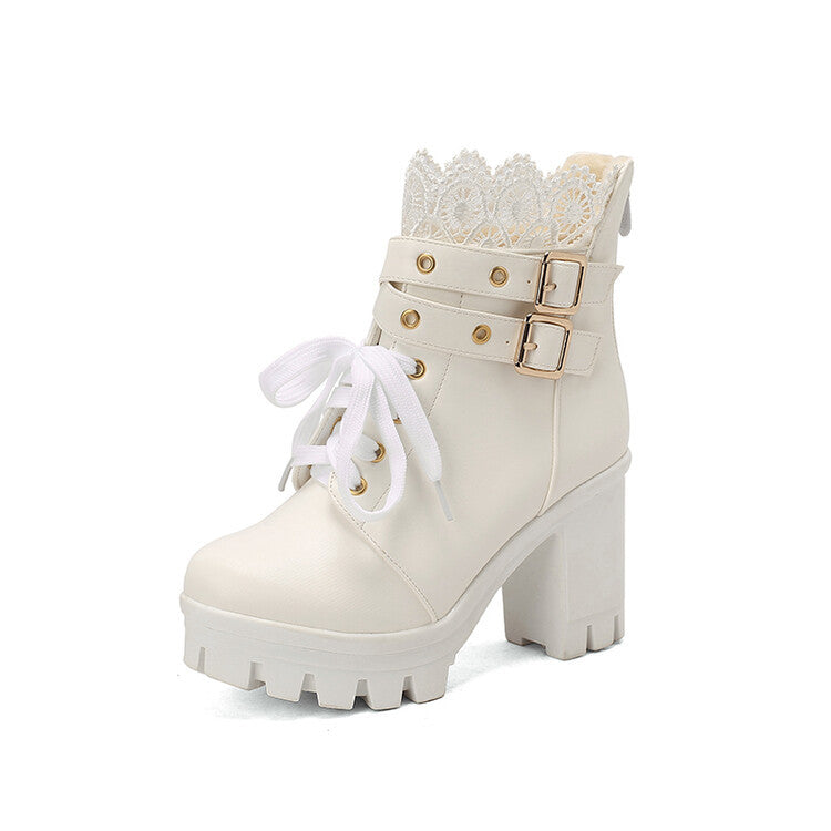 Women's black lace-up square heel ankle boots with side zip