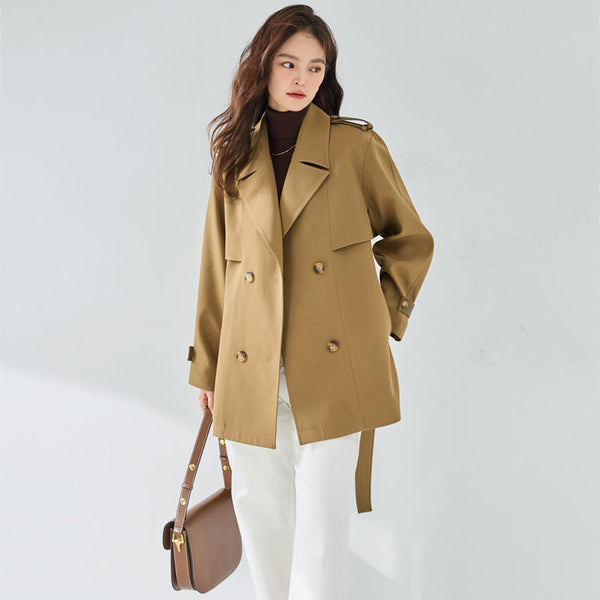 Sofia | Women's Khaki Short Trench Coat with Long Sleeves