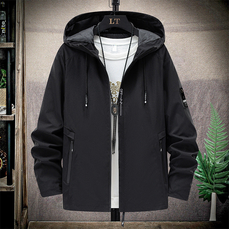 Men's hooded bomber jacket with zip front in black