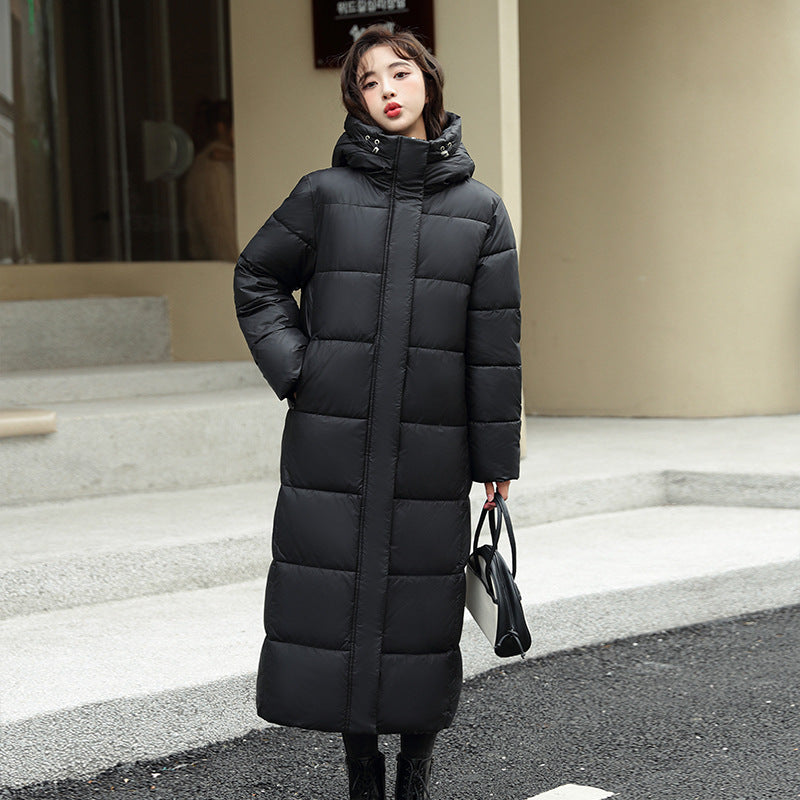 Long hooded down puffer jacket for women in winter