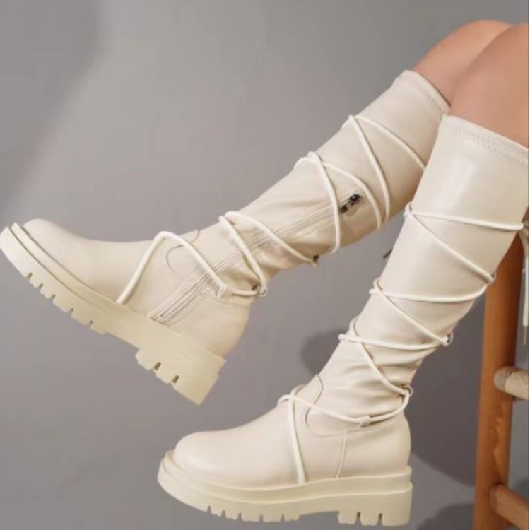 White lace-up platform boots with chunky heel for women