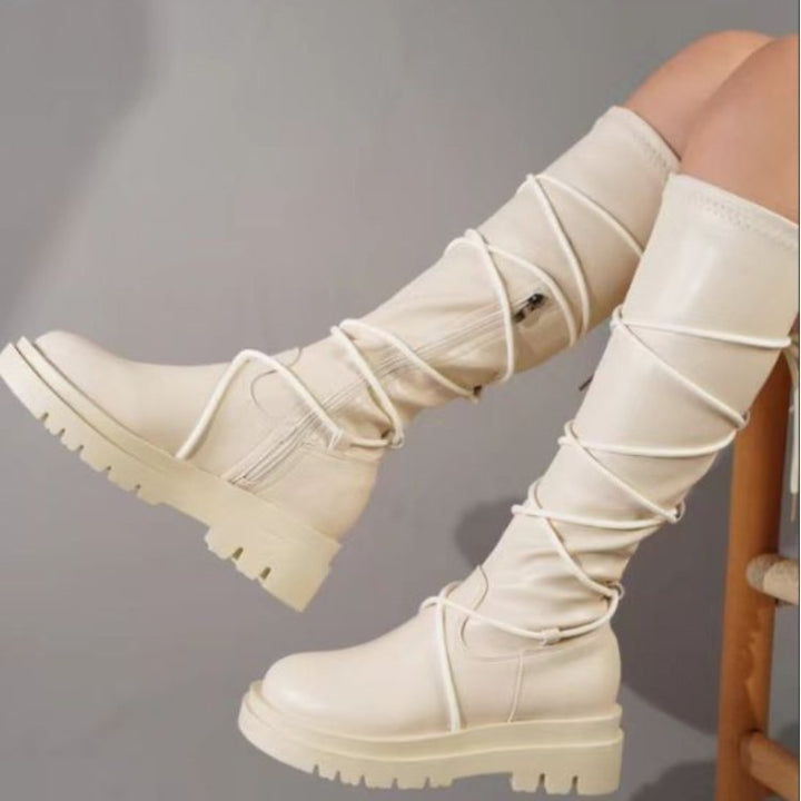 White lace-up platform boots with chunky heel for women